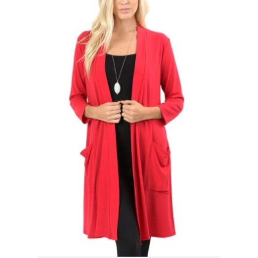 Zenana Womens Long Line 3/4 Sleeve Slouchy Pocket Open Knit Long Line Cardigan